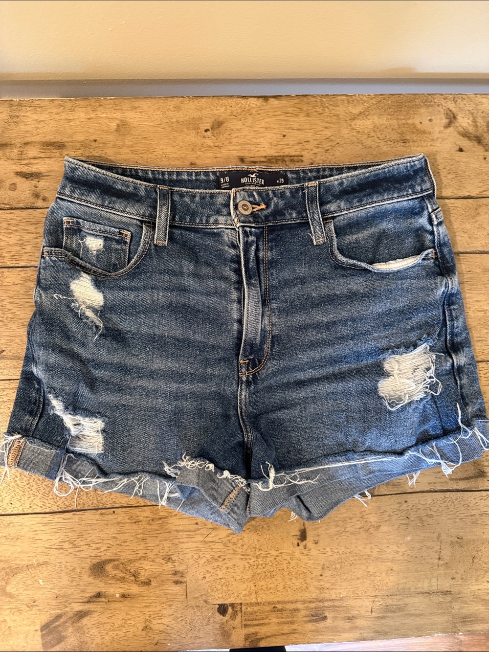 Hollister Distressed High-Rise Denim Shorts - Dark Blue Wash
